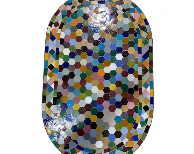 Handmade Moroccan mosaic oval table/ zellige oval table/ multicolored oval table.