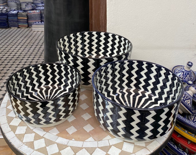 Black and white ceramic salad bowl from Fes, handmade and hand painted/ salad bowl.