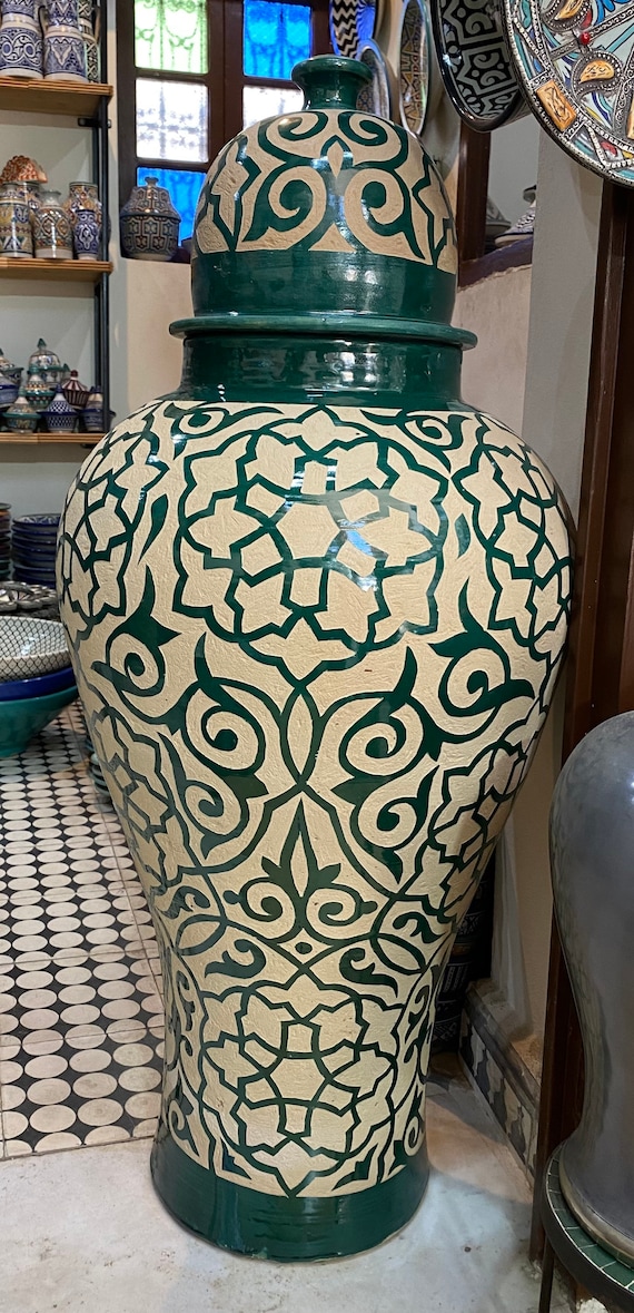 モロッコ陶器の花瓶、手彫り、ハンドメイド/フェズ産の陶器の花瓶
