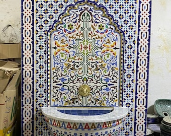 Moroccan Handmade Zellige Fountain , Wall Water Fountain , Moroccan Mosaic Fountain , Garden and Indoor Outdoor Decor.