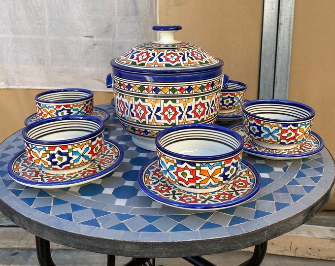 Moroccan ceramic soup bowl / handmade soup pot / Fes ceramic soup set / ceramics tureen set.