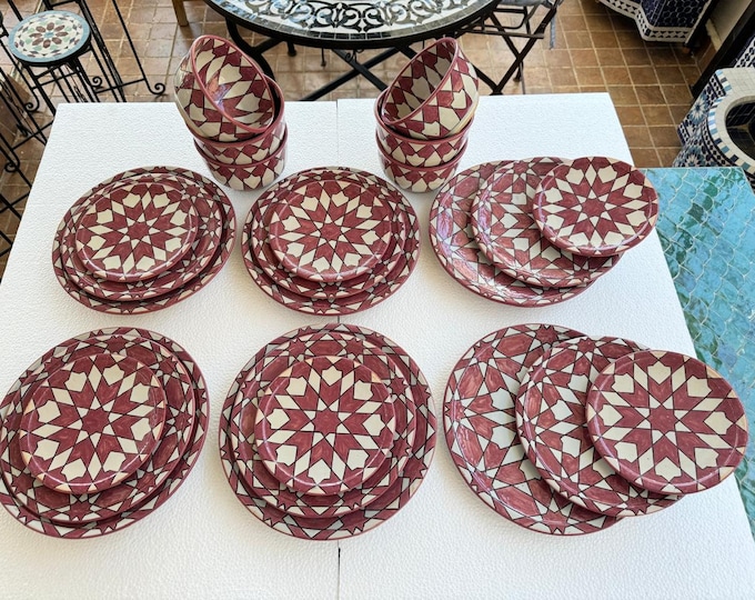 Exquisite Handmade Moroccan Pink Dinner Set: Hand-Painted, Wood-Fired Artistry
