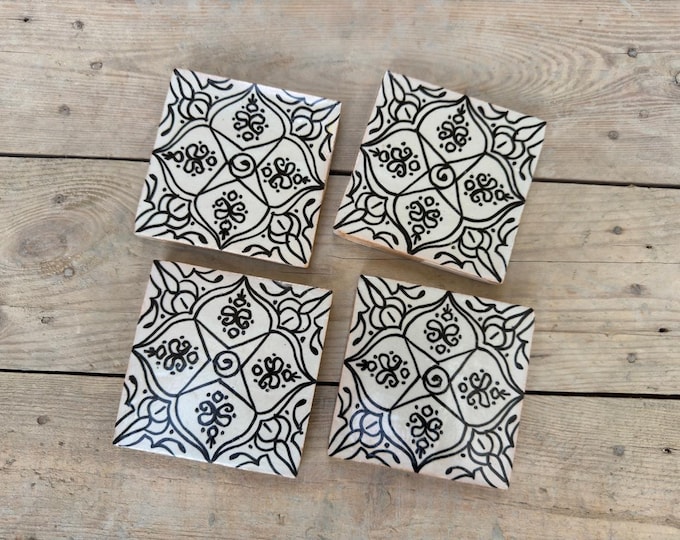 Handmade Hand-Painted Black and White Authentic Tiles - Rustic Wood-Fired Decor for Home & Garden
