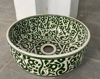 Elegant Handmade Green and White Moroccan Sink - Functional Art for Your Home