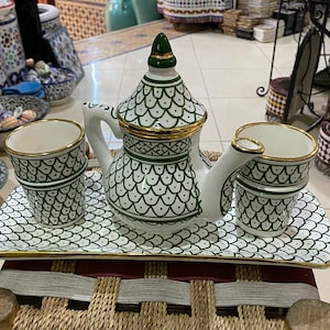 Moroccan ceramic tea set , handmade, hand painted, with real 14k gold rim