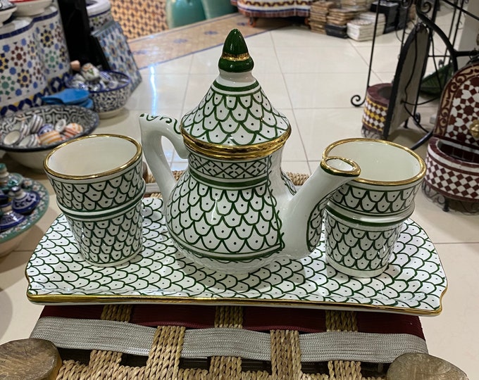 Moroccan ceramic tea set , handmade, hand painted, with real 14k gold rim
