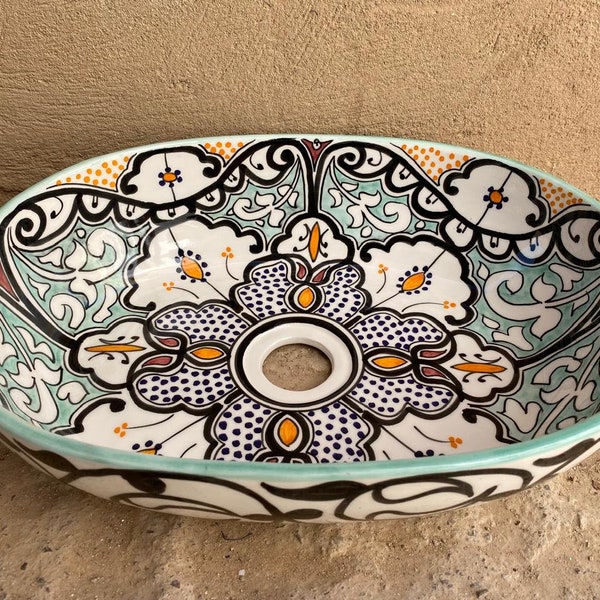 Artisan Hand-Painted Moroccan Oval Sink: Handmade Ceramic Bathroom Basin - Exotic Decor Accent