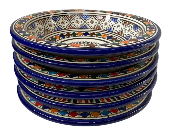Set of 6 handmade and hand painted Fes ceramic soup plates / couscous plates / soup plates.