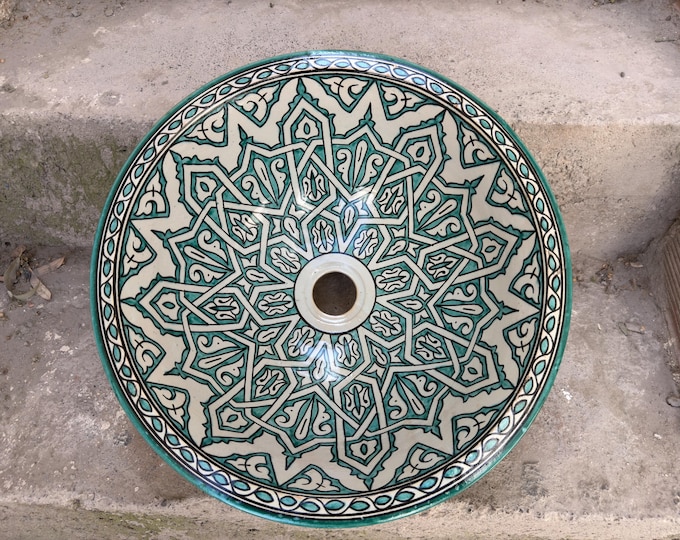 Green Moroccan Handmade Ceramic Sink – Hand Painted Washbasin – Fired in Wood Oven – Rustic Bathroom Basin – Artisan Vanity Sink