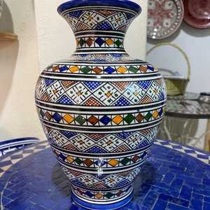 モロッコ陶器の花瓶、手彫り、ハンドメイド/フェズ産の陶器の