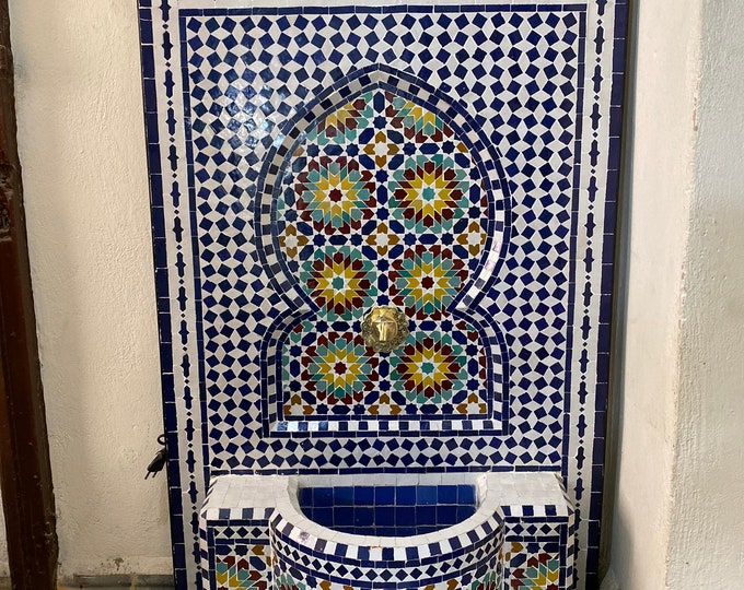Moroccan Handmade Zellige Fountain , Wall Water Fountain , Moroccan Mosaic Fountain , Garden and Indoor Outdoor Decor.