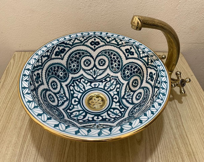 Moroccan Vanity Sink - Hand Painted with Real 14K Gold Accent