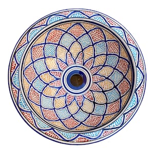 Könnte beinhalten: Ein rundes Keramikwaschbecken mit einem geometrischen Muster in Blau, Rot und Gelb. Das Waschbecken hat ein kleines Loch in der Mitte für den Abfluss.