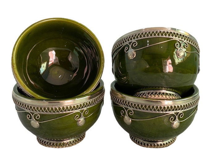 Moroccan ceramic bowls inlaid with nickel silver, handmade./plain bowls/multicolored bowls.
