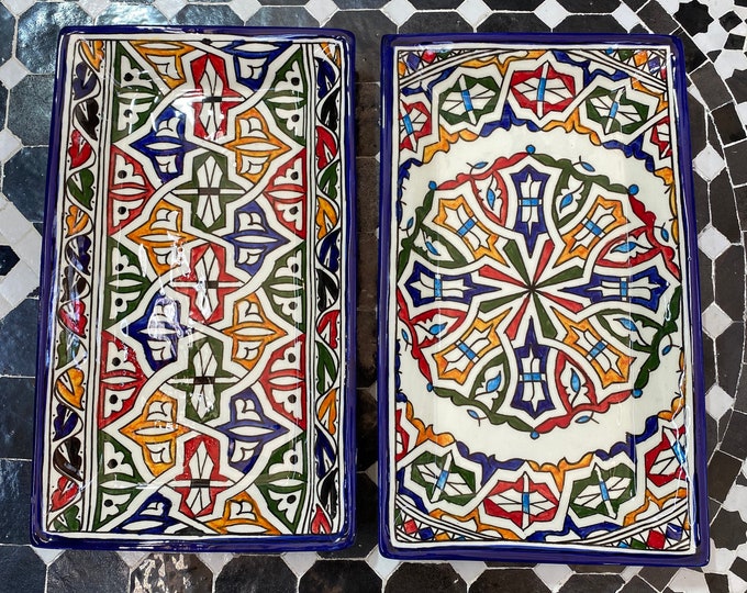 Set of 2 cake dish in Moroccan ceramic, handmade and hand painted. Set of 2 Moroccan ceramics tray/ rectangular tray