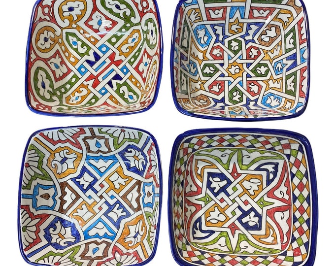 Set of 4 square fes ceramic bowl, handmade and hand-painted / square bowl / individual salad bowl.