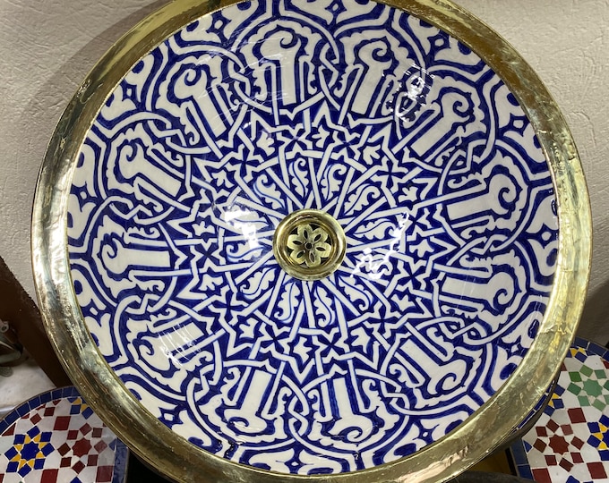 Artisanal Moroccan Ceramic Sink with Hand-Painted Designs and Brass Rim