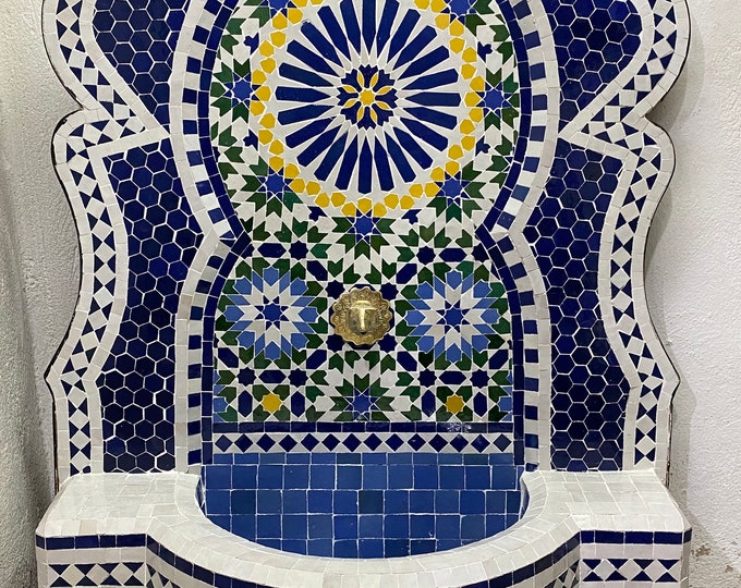 Moroccan Handmade Zellige Fountain, Wall Water Fountain, Moroccan Mosaic Fountain,