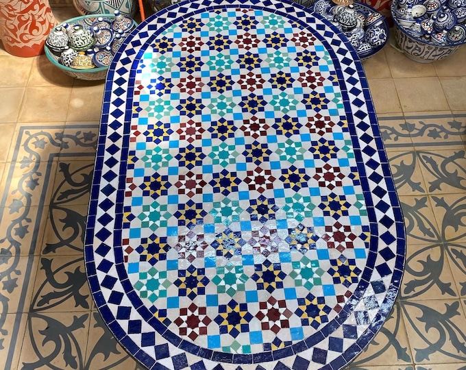 Moroccan mosaic table, zellige table, mosaic garden table, dining table, outdoor and indoor table, mosaic table.