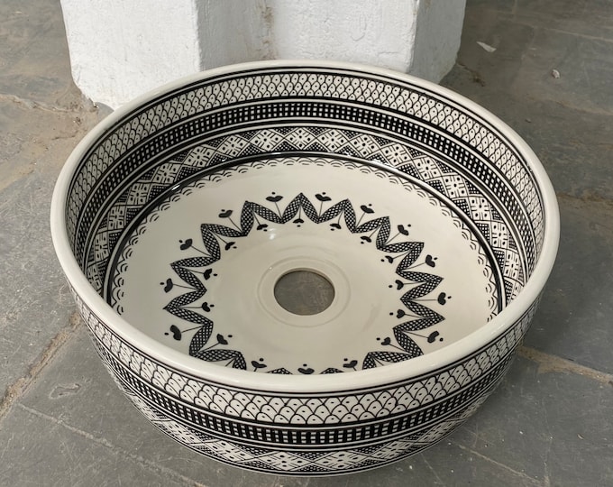 Stunning Black and White Handmade Moroccan Sink - Traditional Hand-Painted Design