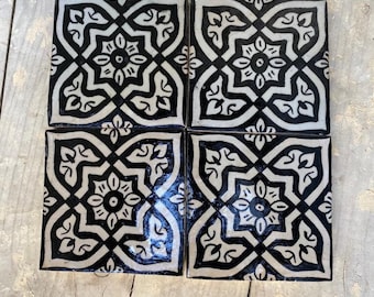 Artisanal Elegance: Hand-Painted Moroccan Black and White Tiles from Wood-Fired Kiln