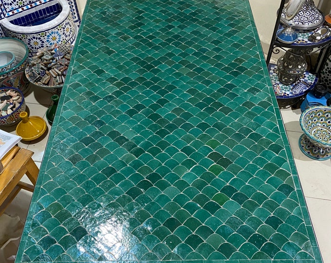 Moroccan Mosaic Table Handmade , Handcrafted Rectangular Moroccan Outdoor/ Indoor Mosaic Mosaic Table, Green , Moroccan decor .