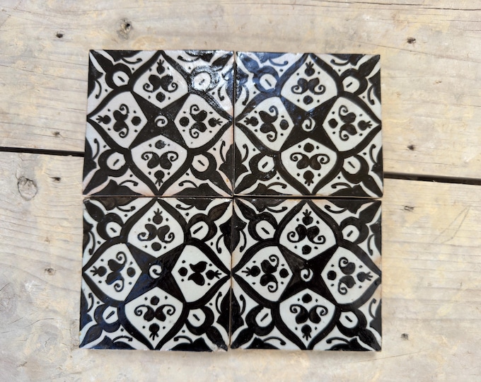 Handmade Hand-Painted Black and White Moroccan Tiles | Artisan Ceramic Decor for Home & Garden | Perfect for Kitchen and Bathroom Makeovers