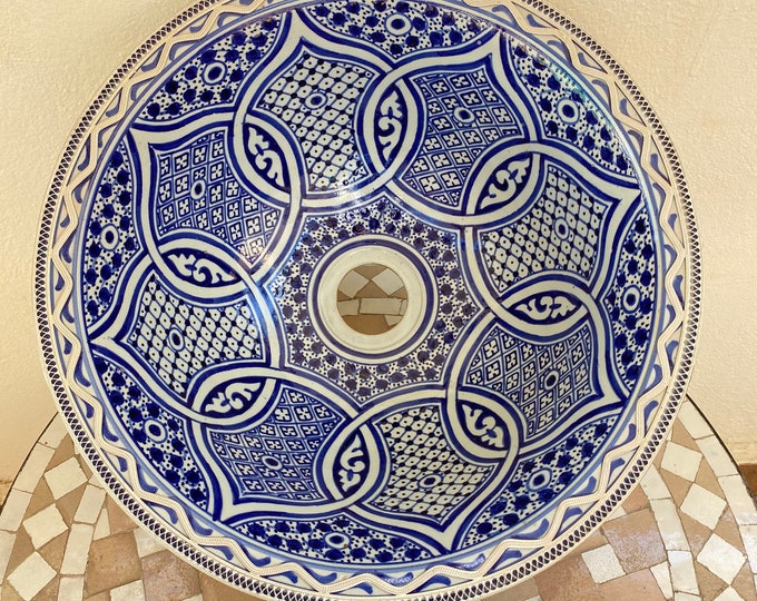 Moroccan wash basin/ handmade, hand painted ceramic and nickel sink/ pottery sink