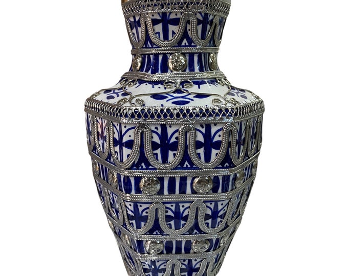 Fes ceramic vase, handmade and hand-painted, encrusted with the ceramic maillechort/vase and maillechort.