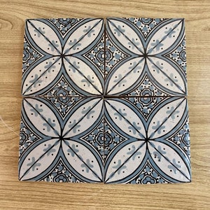 May include: Four square ceramic tiles with a blue and white geometric pattern. The tiles have a distressed look and are arranged in a square.