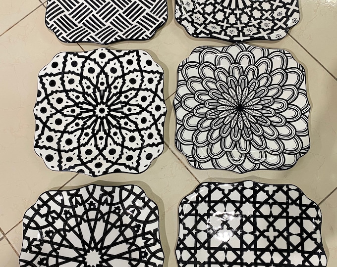 Set of 6 large plates, handmade and hand-painted Fes pottery / black and white table service