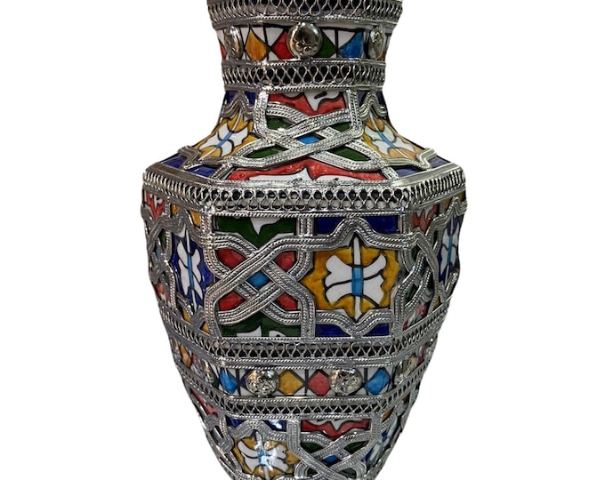 Fes ceramic vase, handmade and hand-painted, encrusted with the ceramic maillechort/vase and maillechort.