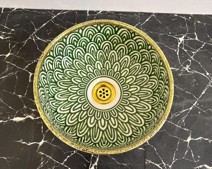 Handmade Moroccan Ceramic Vessel Sink – Textured Antique Brass Exterior & Hand-Painted Emerald Green Fish Scale Pattern