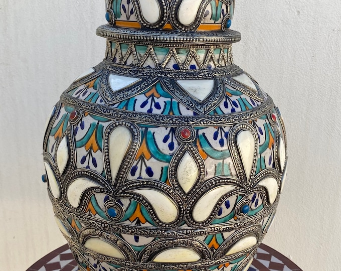 Pottery pot/Moroccan vase/Fes pottery pot encrusted with camel bone and maillechort.