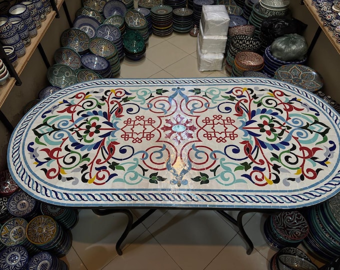 Handmade Moroccan Mosaic Tile Table – Colorful Oval Outdoor/Indoor Dining Table/ Ceramic Patio Table Moorish Art/ Mediterranean Garden Decor