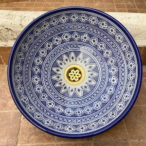 Artistic Blue & White Berber Tattoo Ceramic Washbasin Handmade in Fez - Unique Home Decor