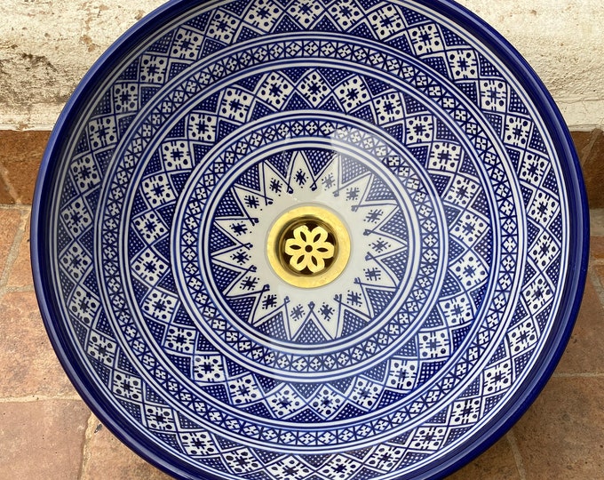 Artistic Blue & White Berber Tattoo Ceramic Washbasin Handmade in Fez - Unique Home Decor