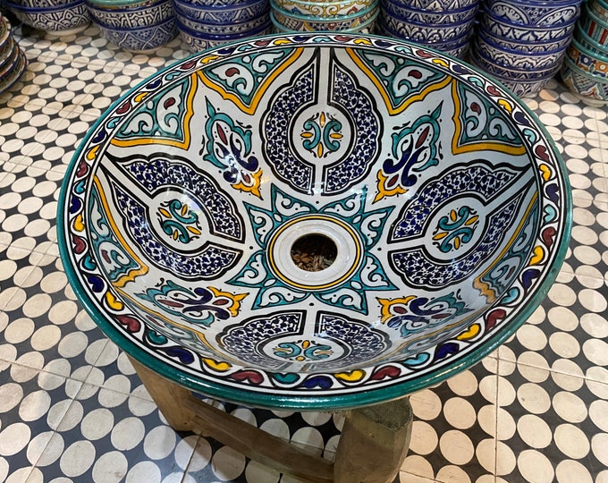 Moroccan handmade and hand painted ceramic sink. Moroccan ceramics sink handmade and hand painted.