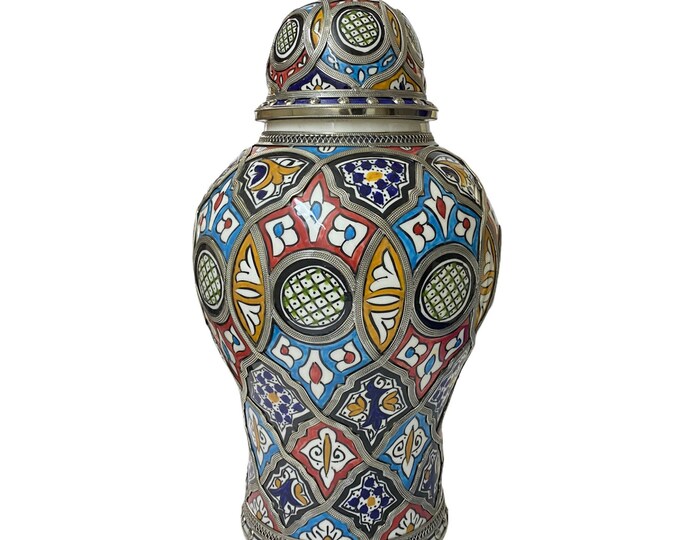 Fez ceramic vase inlaid with nickel silver/ handmade vase/ handmade pot.