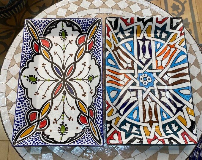 Set of 2 Moroccan ceramic cake dish, handmade and hand painted. Set of 2 Moroccan ceramics tray/ rectangular tray