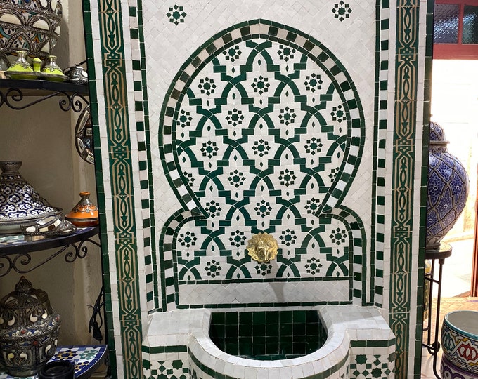 Moroccan Handmade Zellige Fountain , Wall Water Fountain , Moroccan Mosaic Fountain , Garden and Indoor Outdoor Decor.
