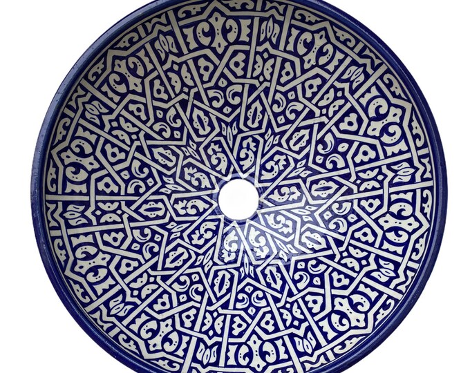 Elegant Blue and White Moroccan Ceramic Wash Basin - Hand-Painted on Both Sides by Skilled Artisans
