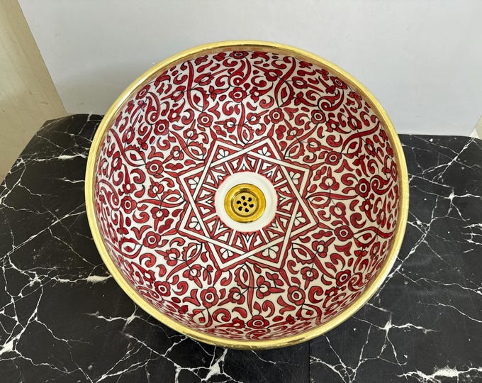Handmade Moroccan Ceramic Vessel Sink with Brass Rim – Hand-Painted Red Floral & Geometric Bathroom Washbasin – Countertop sink