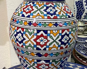 モロッコ フェズ 陶器 手描き ホワイト ブルー 花瓶 ヴィンテージ