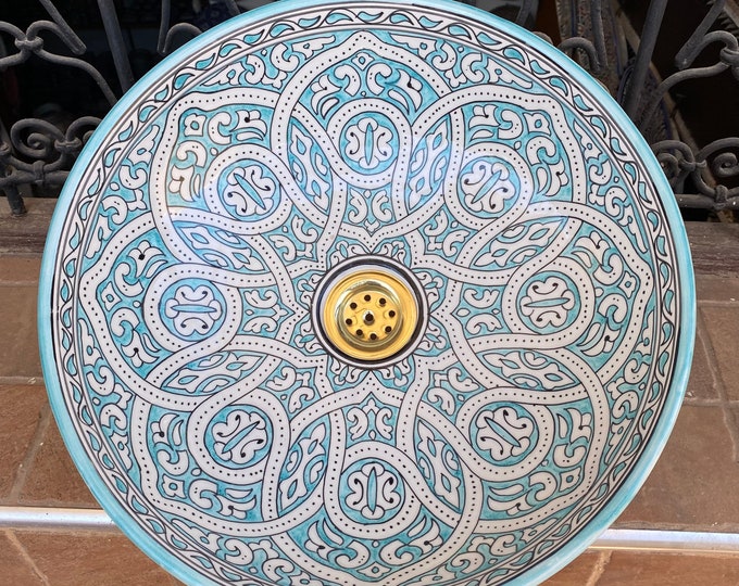 Turquoise sink/Handmade and hand-painted Moroccan ceramic sink. Moroccan washbasin handmade.