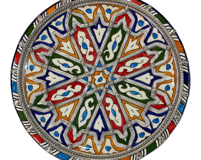 Wall decor/ handmade ceramics plate inlaid with nickel/ piece of art