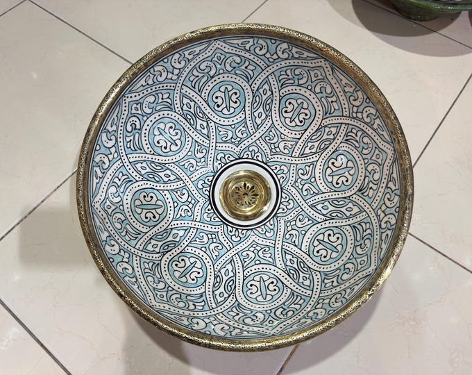 Handmade Moroccan Sink – Hand Painted Turquoise Ceramic Basin with Vintage Brass Rim – Unique Bathroom Vanity Vessel – Boho Decor