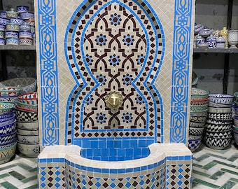 Moroccan Handmade Zellige Fountain , Wall Water Fountain , Moroccan Mosaic Fountain , Garden and Indoor Outdoor Decor.