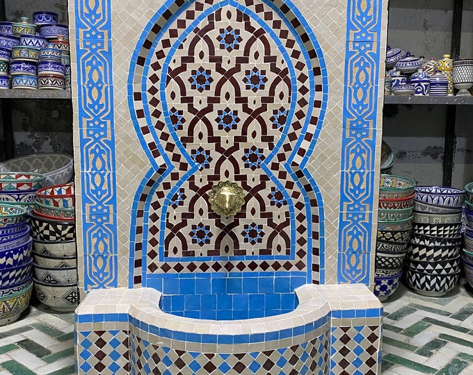 Moroccan Handmade Zellige Fountain , Wall Water Fountain , Moroccan Mosaic Fountain , Garden and Indoor Outdoor Decor.