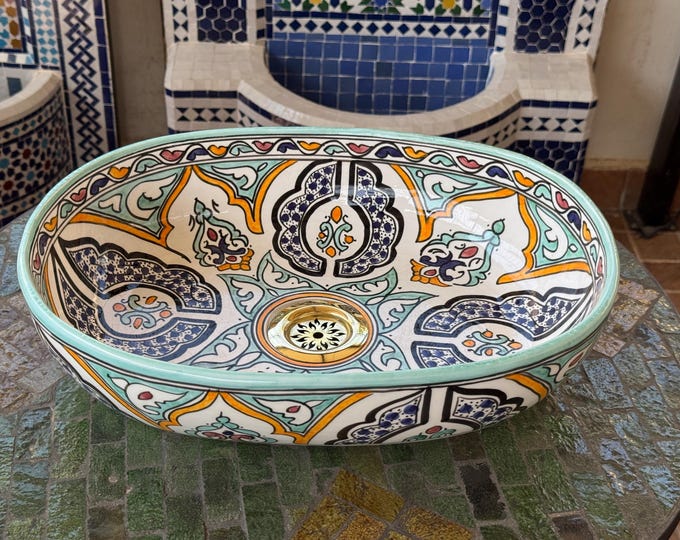 Authentic Handmade Moroccan Oval Sink – Hand-Painted Ceramic Basin with Traditional Pattern – Bathroom or Kitchen Vessel – Artisan Decor